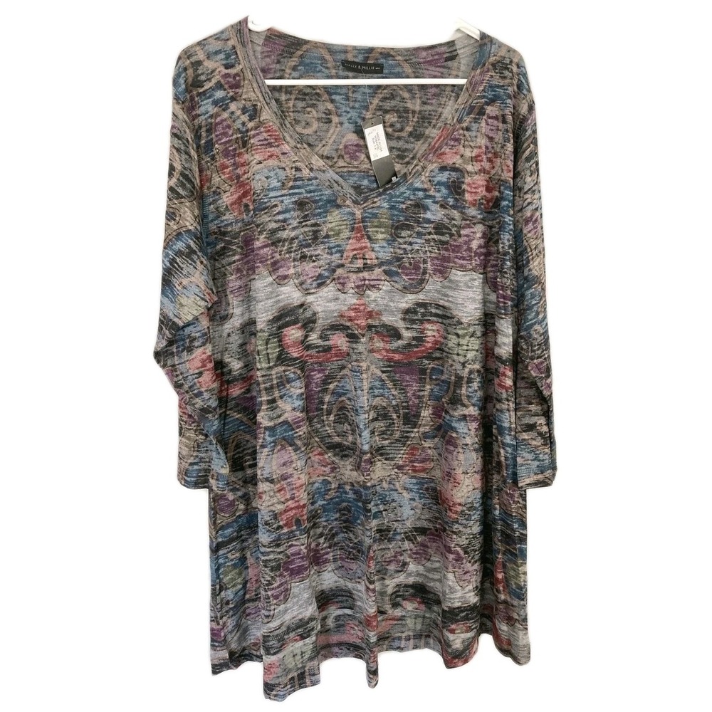 Nally & Millie Tunic Top Women 1X Multi Paisley V Neck 3/4 Sleeve Knit USA NWT